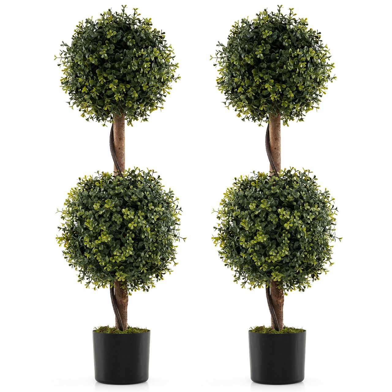 Green Artificial Topiary Trees Set of 2 with Birch Wood Trunk and Moss Base